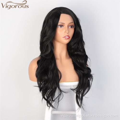 Vigorous Lace Frontal Long Body Wavy Synthetic Wigs For Women Side Part Black Heat Resistant Fiber Wholesale Price